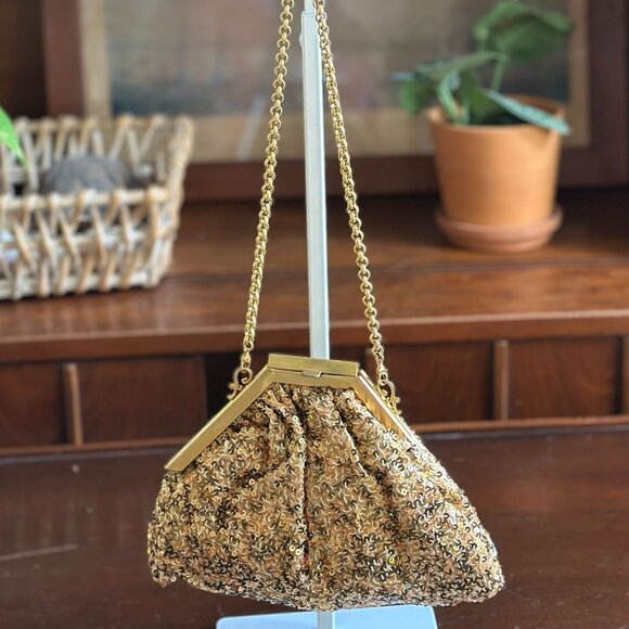 Vintage Mary Norton Zelda Bag, Gold Sequin Evening Clutch, Chain Strap Purse - Picture 2 of 9